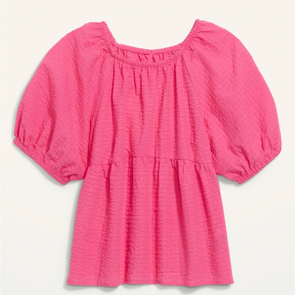 Puff-Sleeve Seersucker Babydoll Swing Blouse for Women- Pink Trance